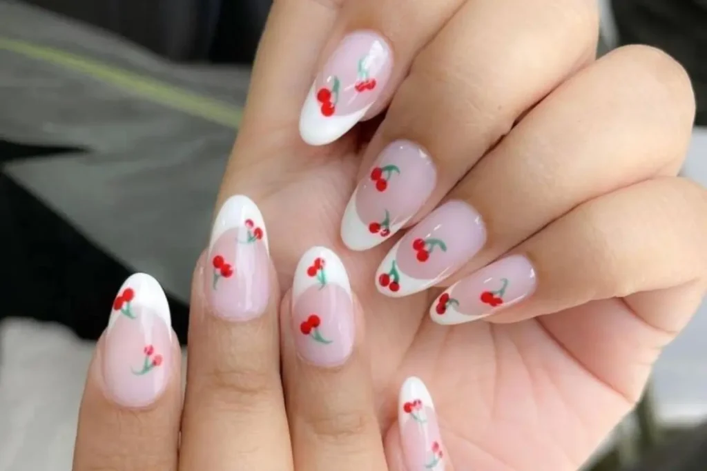 cherry french design on short nails