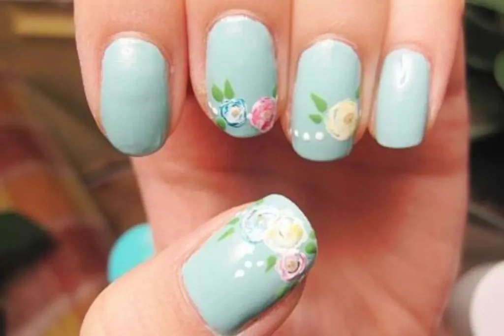minty floral on short nails
